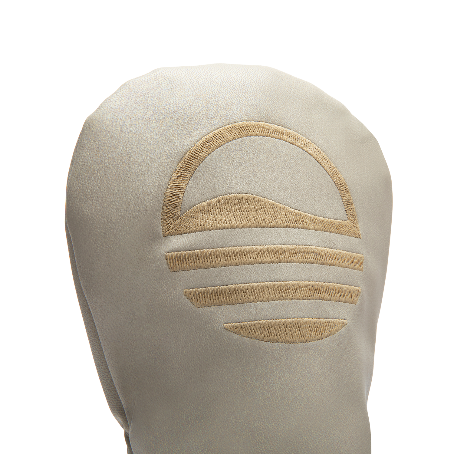 Close up shot of fairway wood golf headcover in toasted almond vegan leather showing its material and Sunday Golf logo
