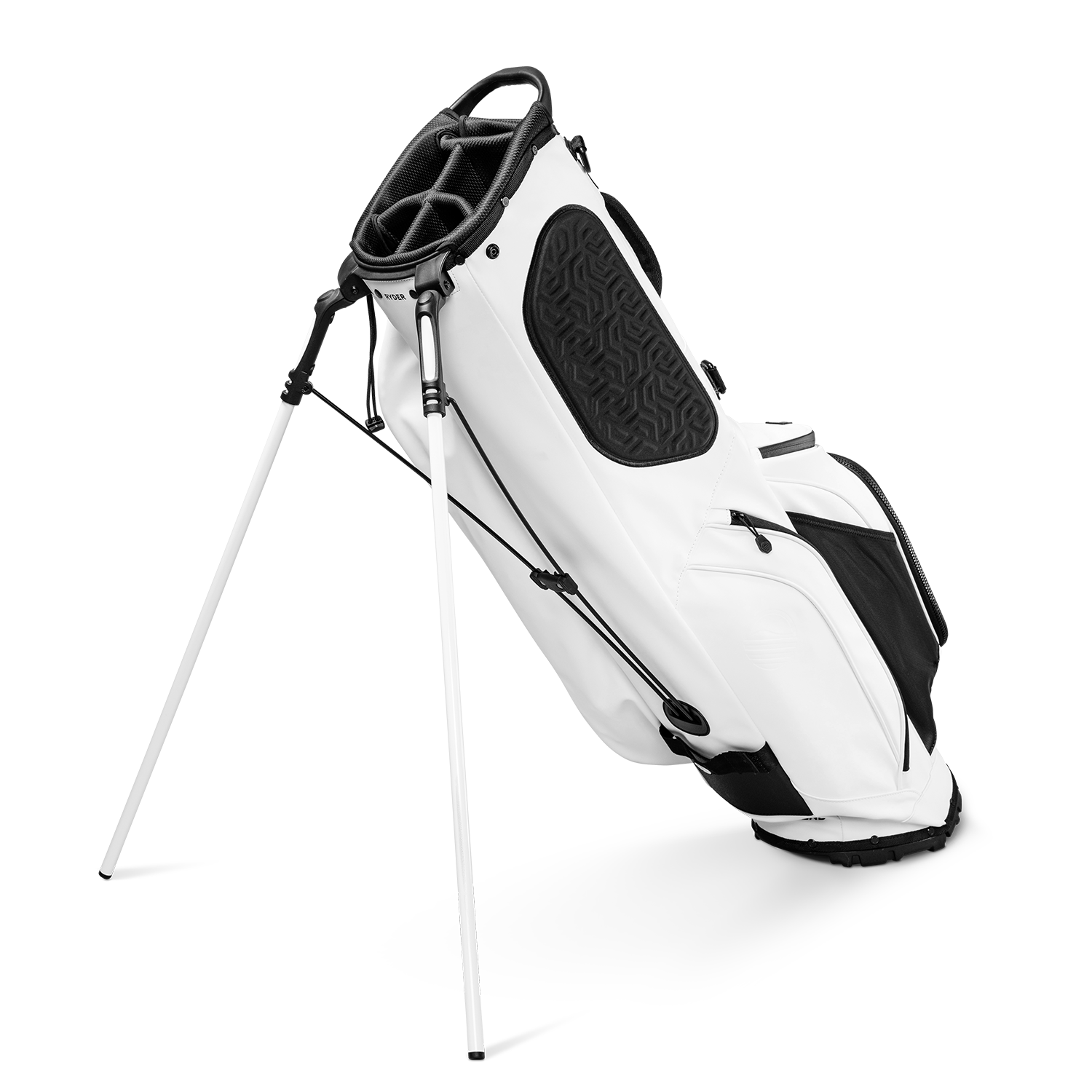 A full shot of standing Ryder S-Class x Garage Beer collab golf bag facing backward
