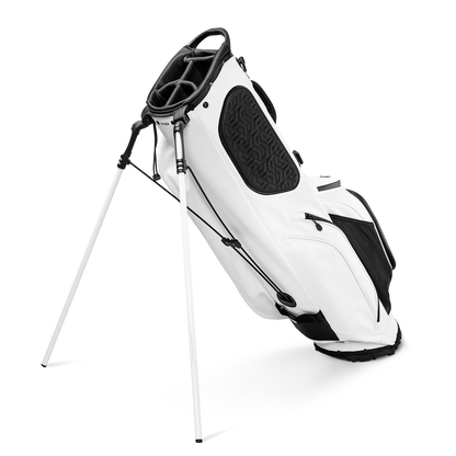 A full shot of standing Ryder S-Class x Garage Beer collab golf bag facing backward
