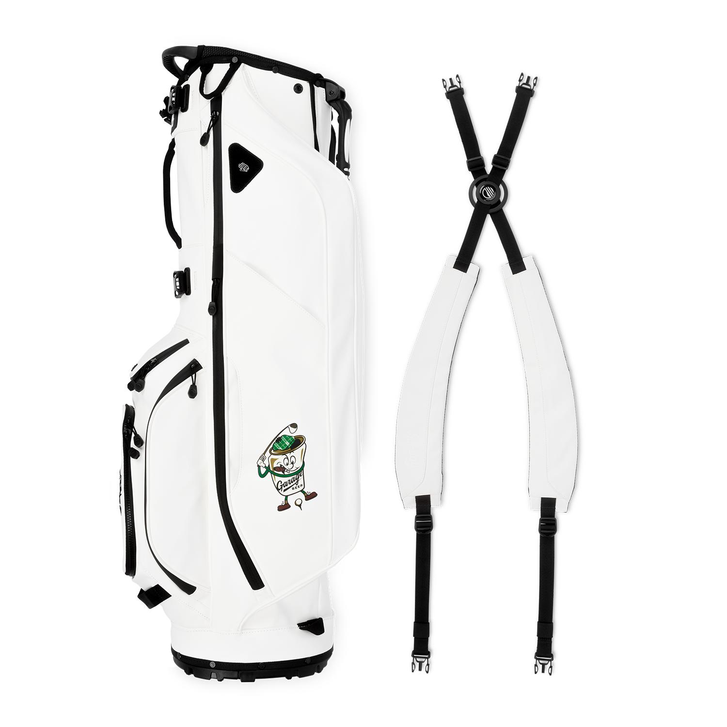 A full shot of Ryder S-Class x Garage Beer collab golf bag laying flat sideways beside its double strap
