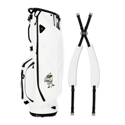 A full shot of Ryder S-Class x Garage Beer collab golf bag laying flat sideways beside its double strap
