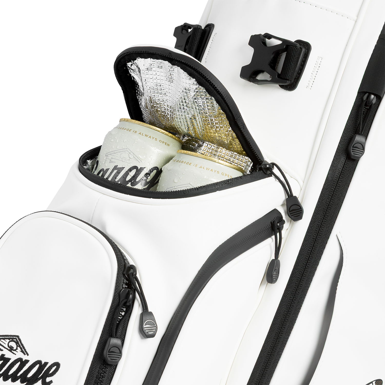 A close up shot of Ryder S-Class x Garage Beer collab golf bag’s frosty pocket with canned drinks inside
