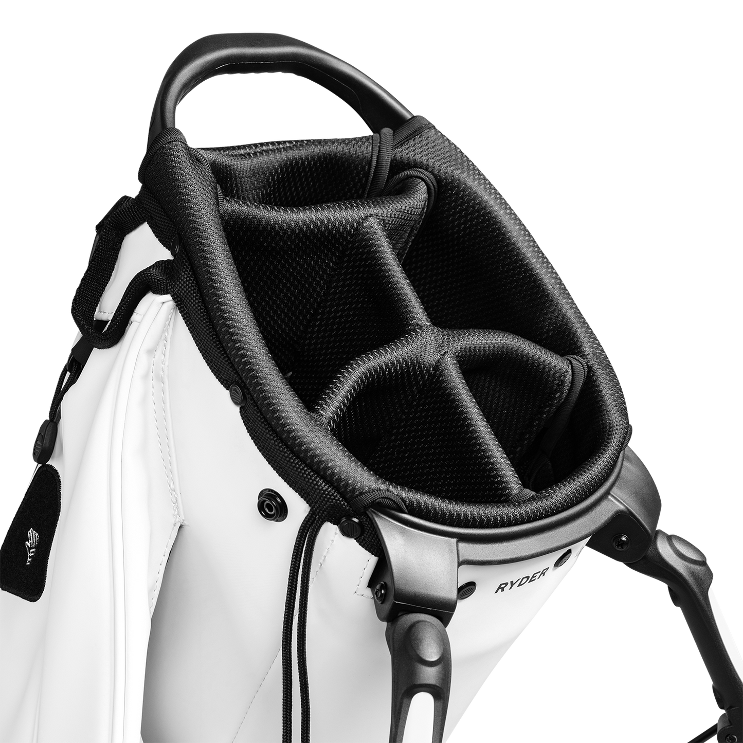 A close up top view of a Ryder S-Class x Garage Beer collab golf bag’s 4 way divider  