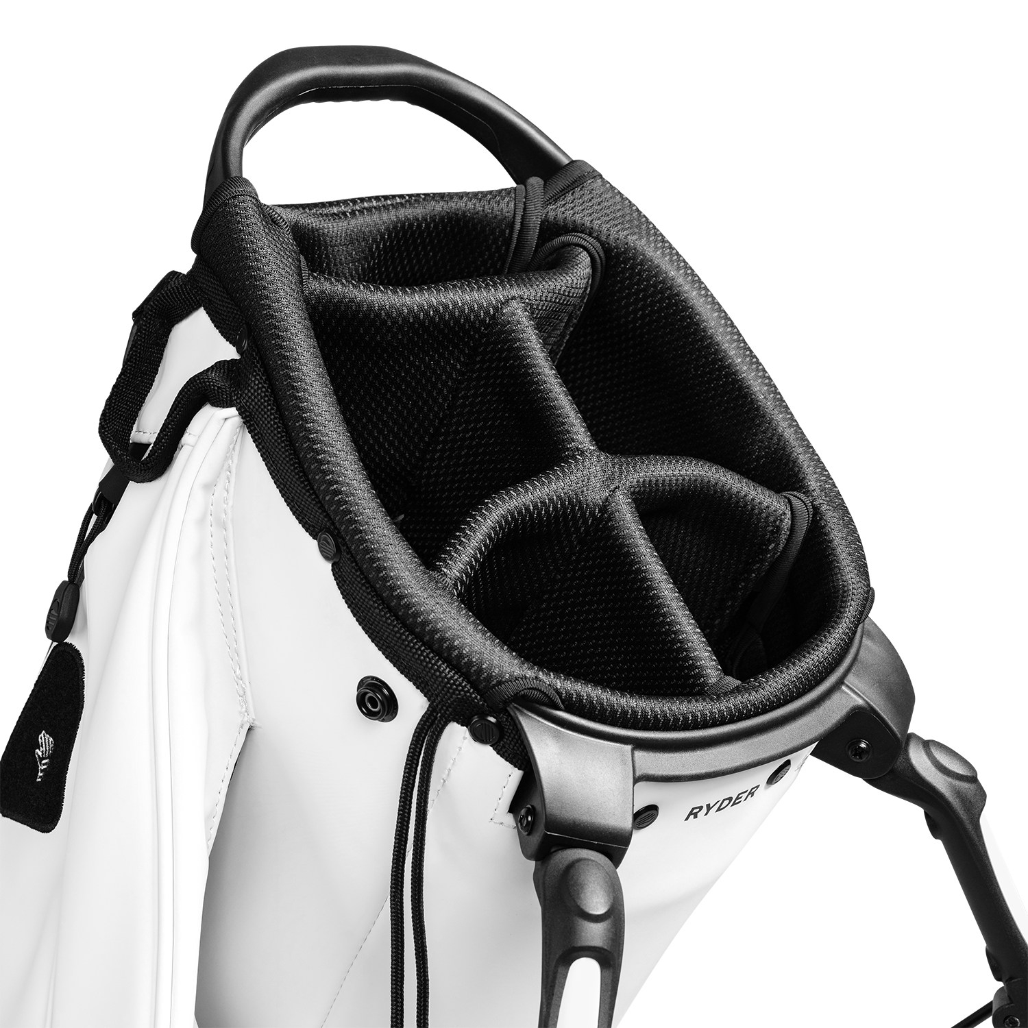 A close up top view of a Ryder S-Class x Garage Beer collab golf bag’s 4 way divider  