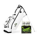 Ryder S-Class x Garage Beer collab golf bag next to a box of Garage Beer 