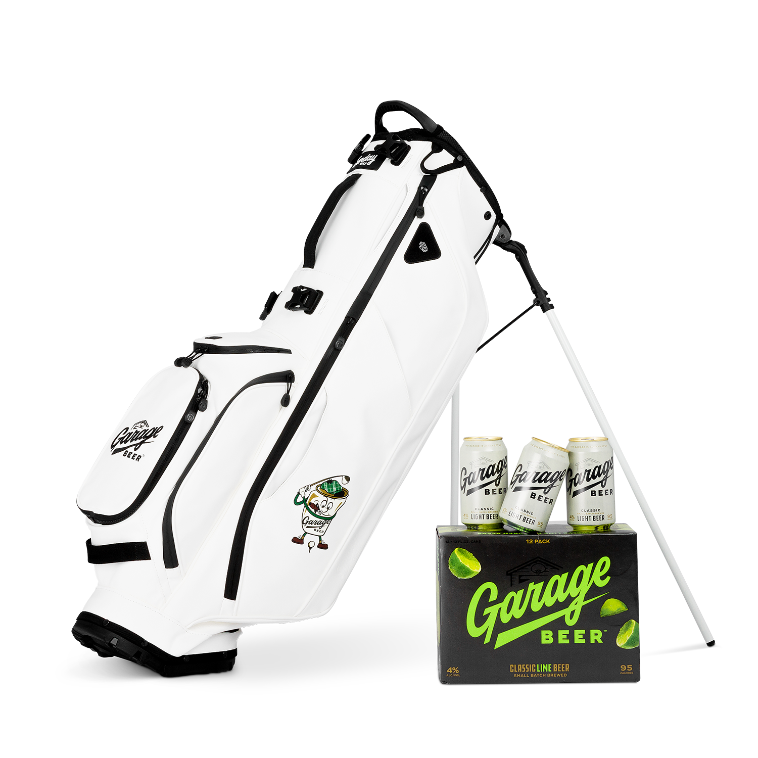 Ryder S-Class x Garage Beer collab golf bag next to a box of Garage Beer 