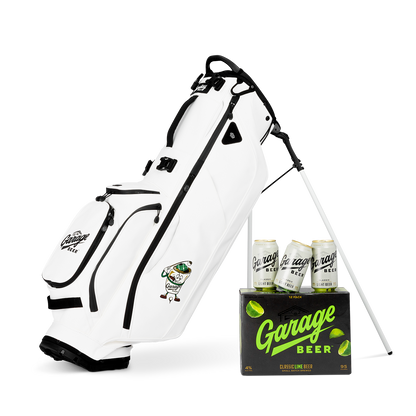 Ryder S-Class x Garage Beer collab golf bag next to a box of Garage Beer 