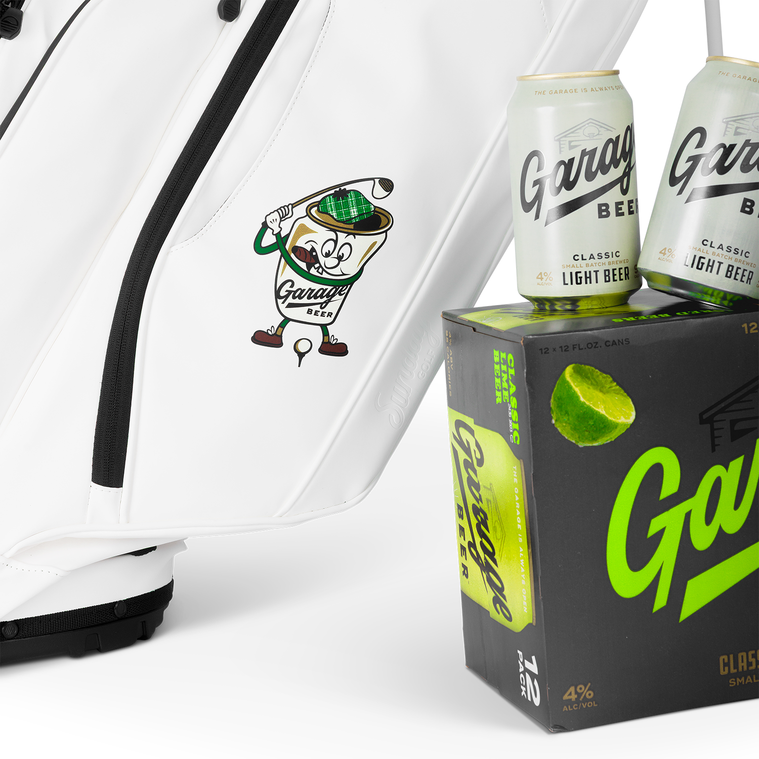 Garage Beer cans and box with the Ryder S-Class x Garage Beer collab golf bag