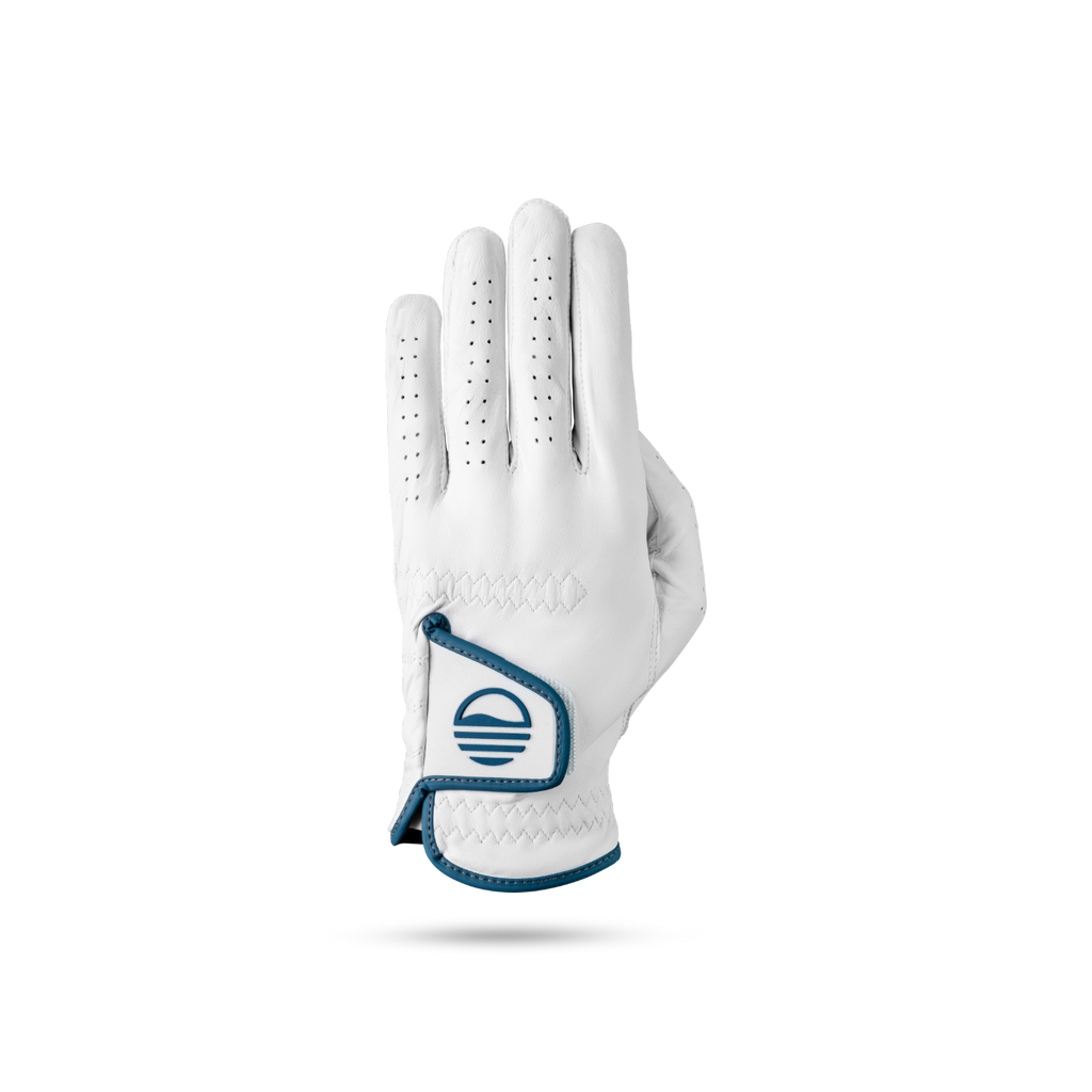 The back of leather golf glove in navy and white color showing its velcro closure with Sunday Golf logo