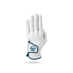 The back of leather golf glove in navy and white color showing its velcro closure with Sunday Golf logo