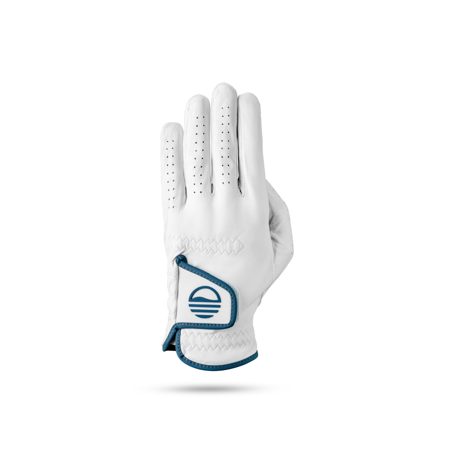 The back of leather golf glove in navy and white color showing its velcro closure with Sunday Golf logo