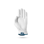 The front of leather golf glove in navy and white color showing Sunday Golf logo at its seams