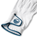 Close up shot of leather golf glove in navy and white color showing its velcro closure with Sunday Golf logo