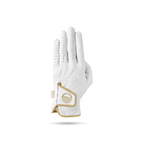 The back of leather golf glove in toasted almond and white color showing its velcro closure with Sunday Golf logo