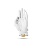 The front of leather golf glove in toasted almond and white color showing the Sunday Golf logo at its seams
