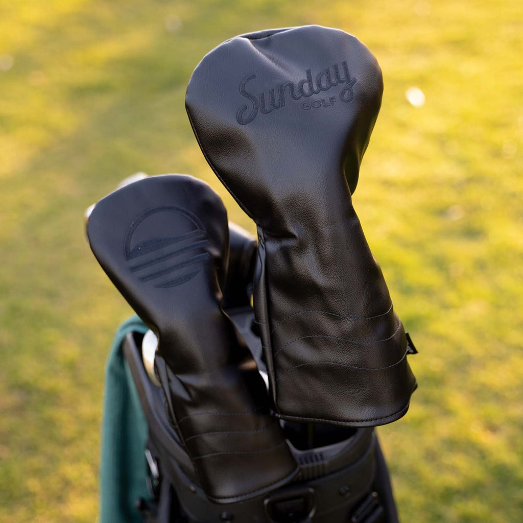 Shots of the driver golf & fairway wood headcover in black vegan leather 