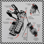 A product description image of a checkered Black & White Recess kids golf bag showing key features with labels
