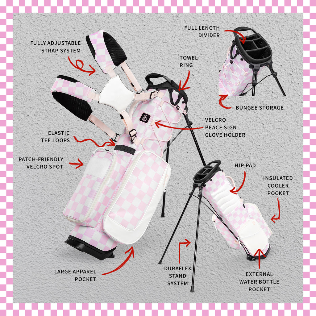 A product description image of a checkered Pink & White Recess kids golf bag showing key features with labels
