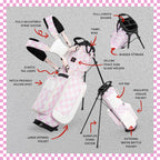 A product description image of a checkered Pink & White Recess kids golf bag showing key features with labels
