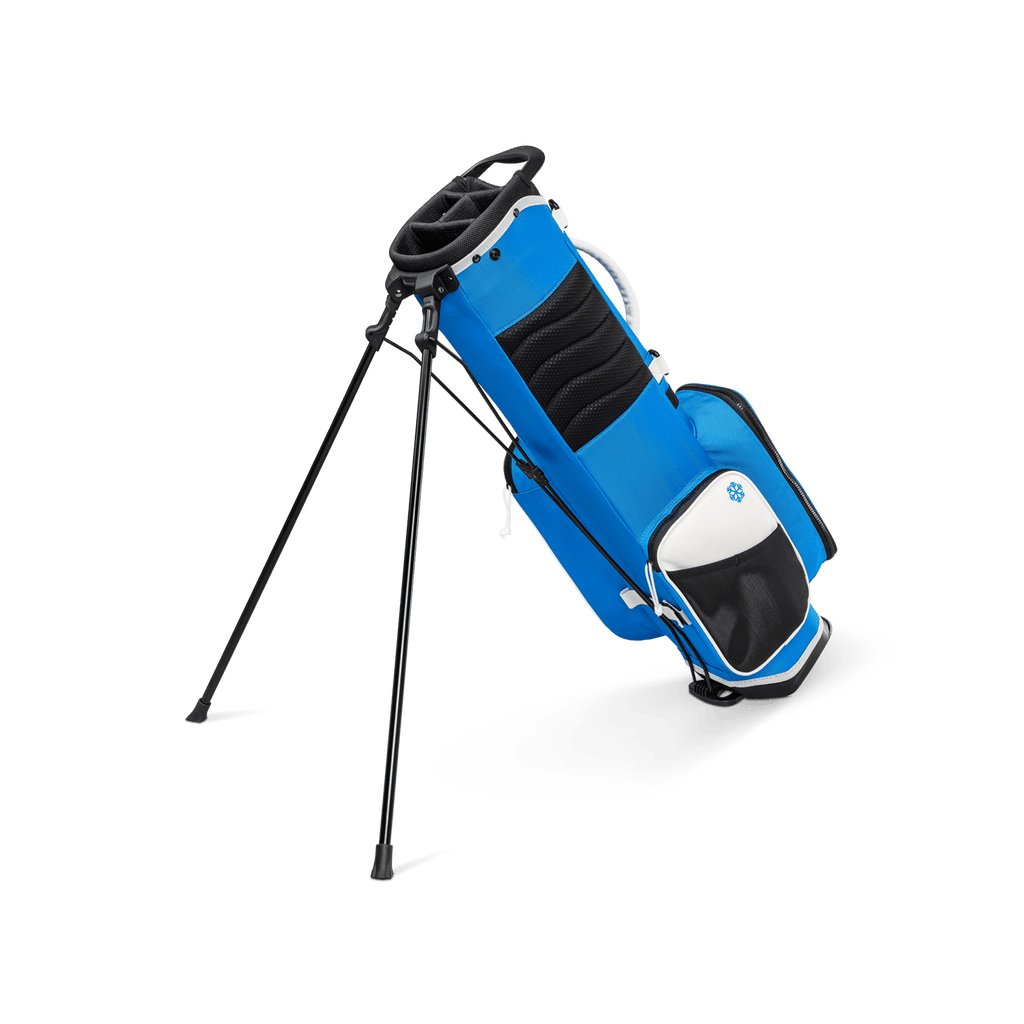 A full shot of a blue & white Recess kids golf bag facing backward
