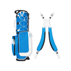 A full shot of a blue & white Recess kids golf bag laying flat sideways beside its double straps

