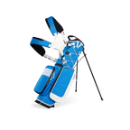 A full front shot of a blue & white Recess kids golf bag with double straps
