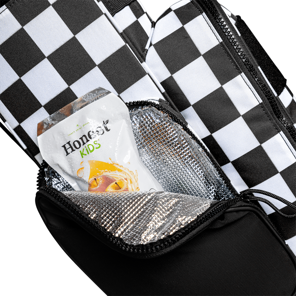 A close up shot of a checkered Black & White Recess kids golf bag's insulated pocket with a canned drink inside
