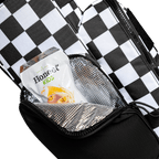 A close up shot of a checkered Black & White Recess kids golf bag's insulated pocket with a canned drink inside