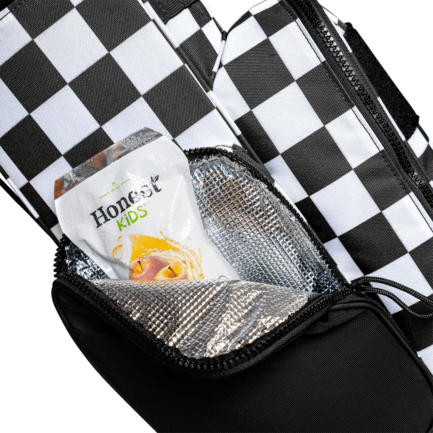 A close up shot of a checkered Black & White Recess kids golf bag's insulated pocket with a canned drink inside