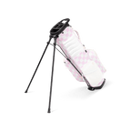 A full shot of a checkered Pink & White Recess kids golf bag facing backward
