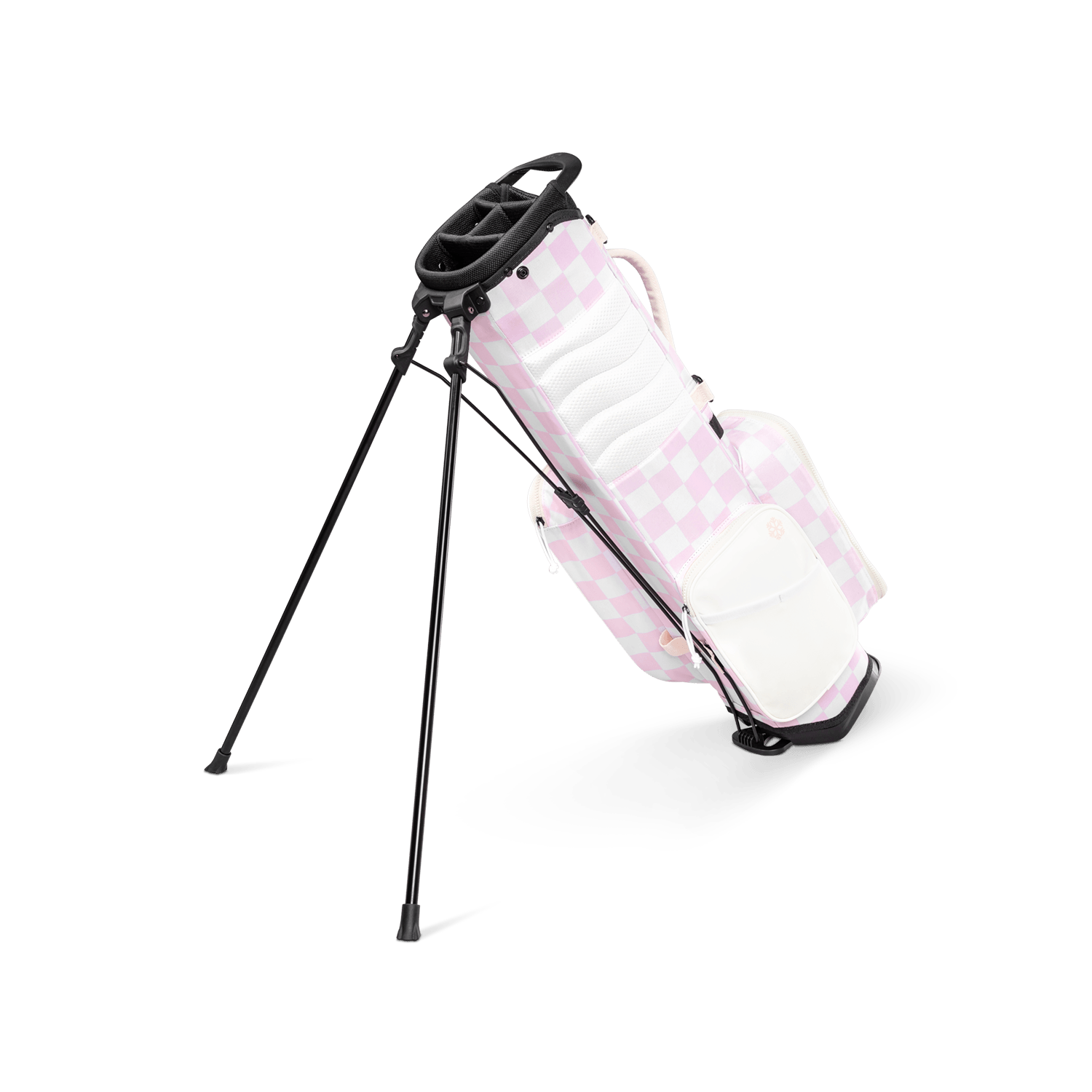 A full shot of a checkered Pink & White Recess kids golf bag facing backward
