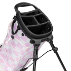 A close up top view of a checkered Pink & White Recess kids golf bag’s 4-way divider
