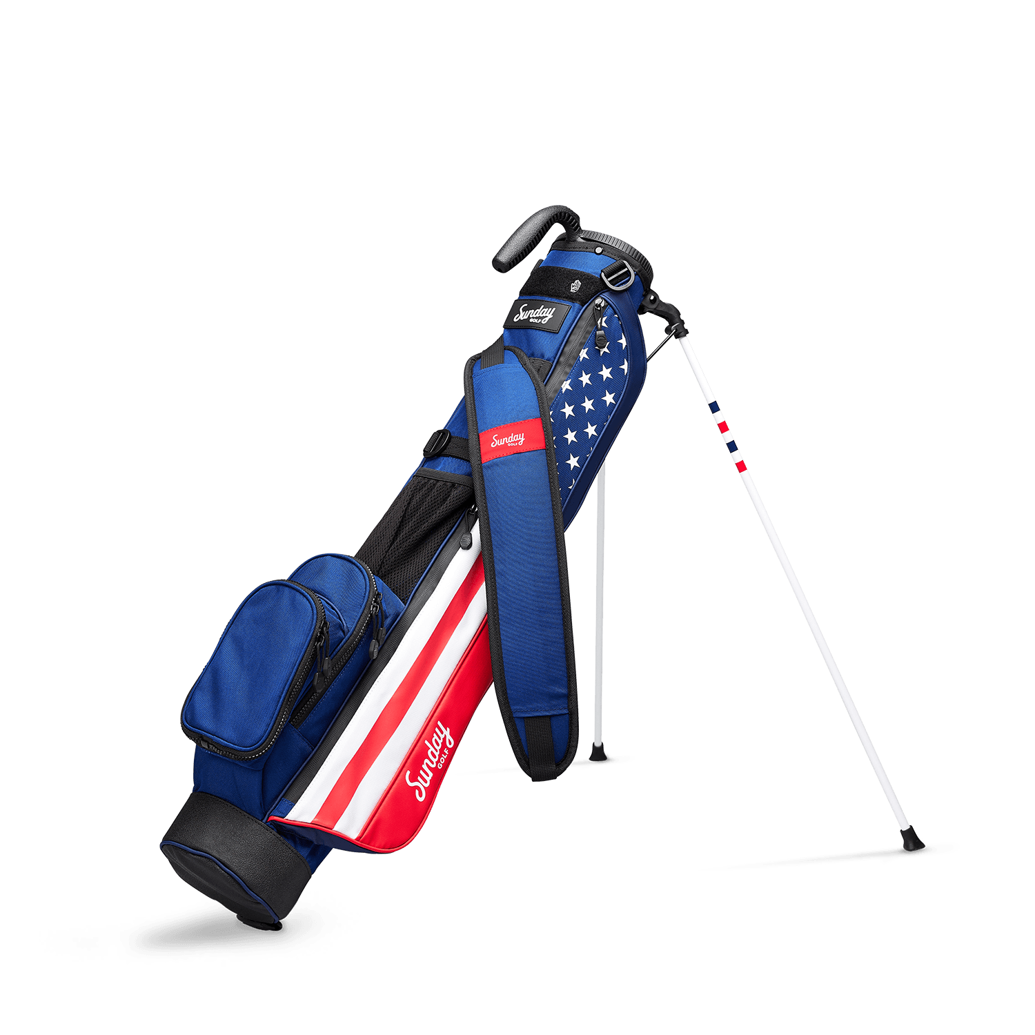 A full front shot of standing Loma golf bag in Patriot with single strap