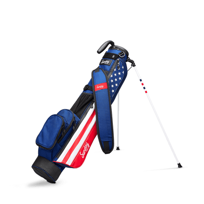 A full front shot of standing Loma golf bag in Patriot with single strap