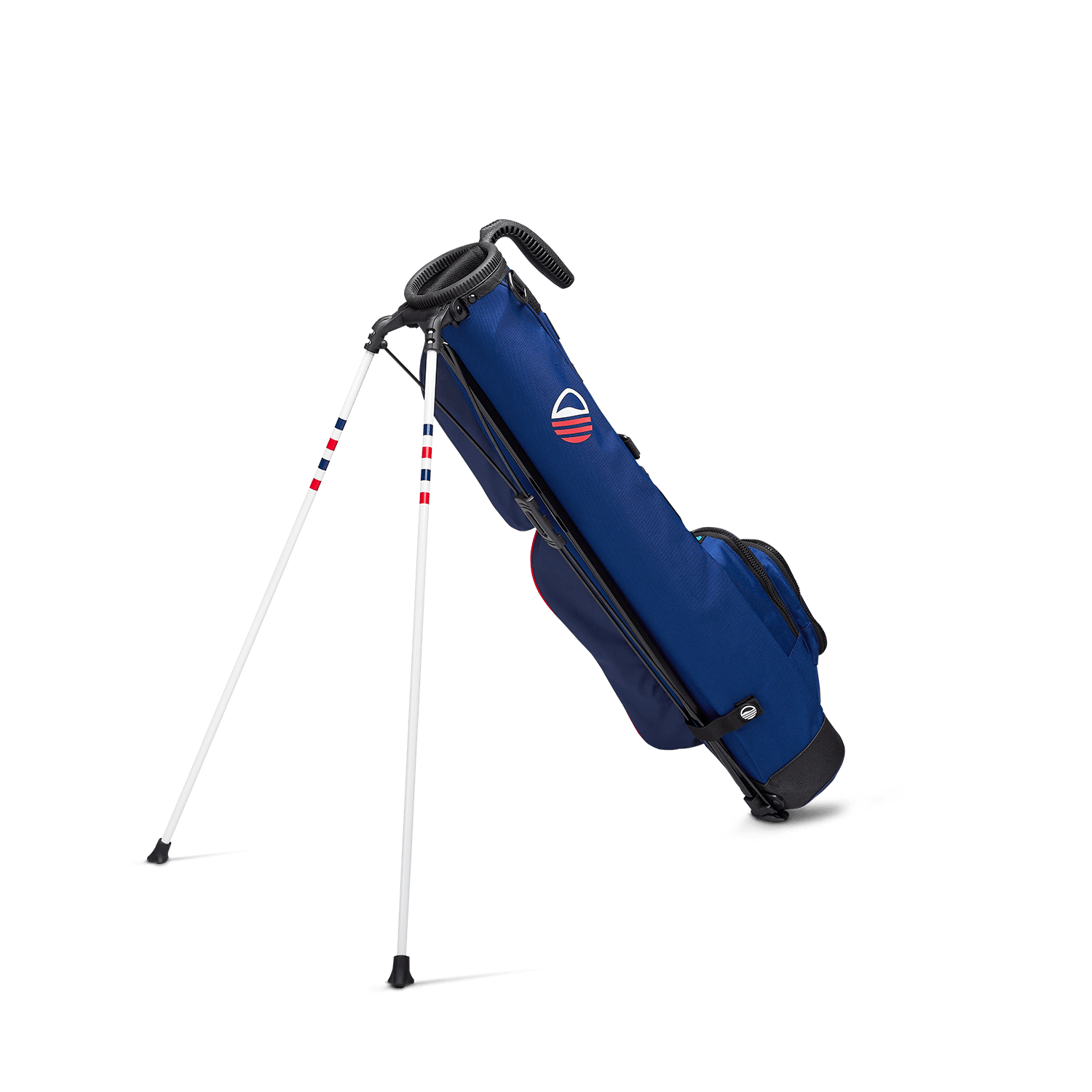 A full shot of standing Loma golf bag in Patriot facing backward
