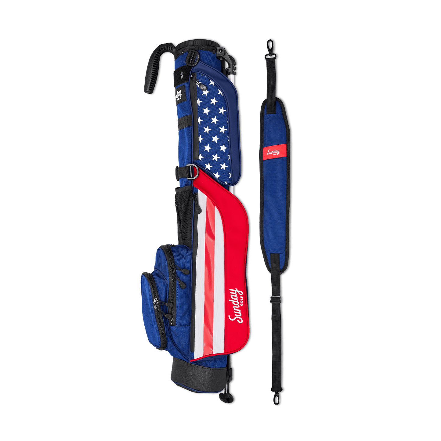 A full shot of Loma golf bag in patriot laying flat sideways beside its single strap
