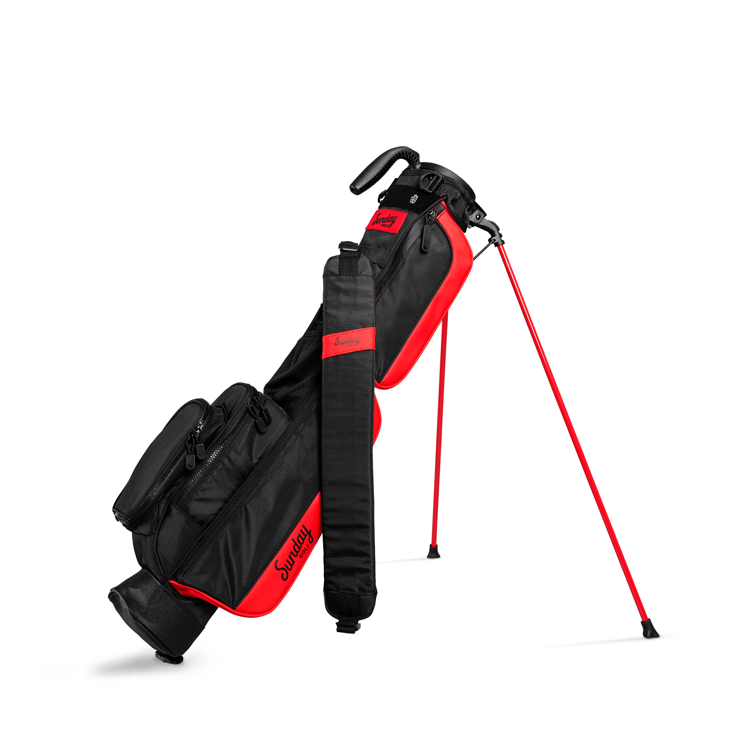 A full front shot of standing Loma golf bag in blackjack with single strap
