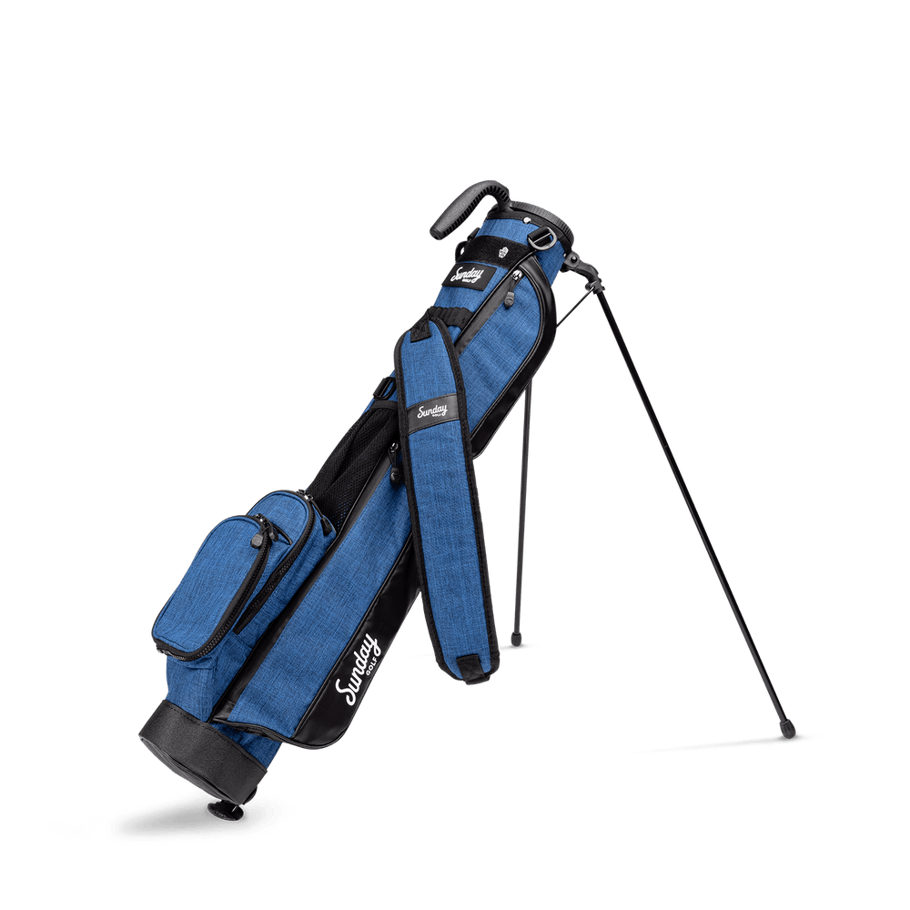 A full front shot of standing The Loma golf bag in cobalt blue with single strap