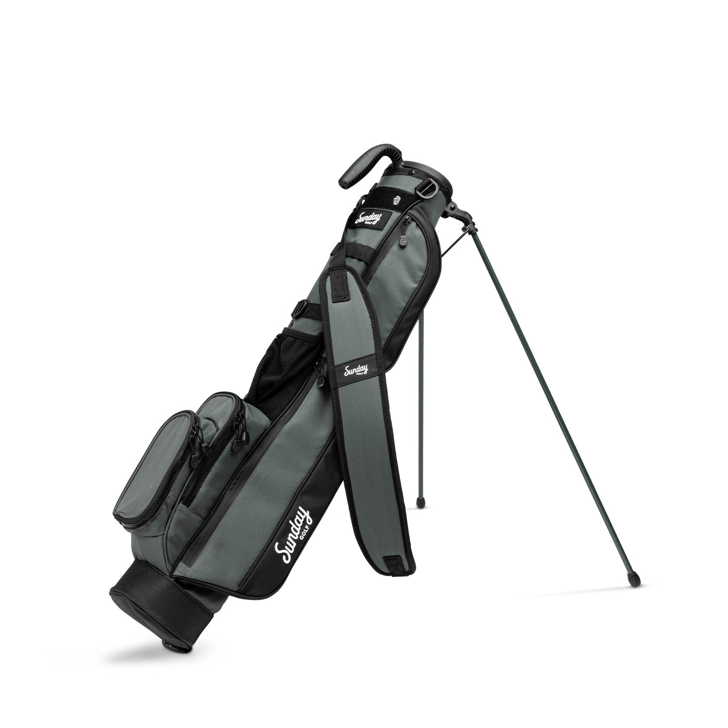 A full front shot of standing Loma golf bag in midnight green with single strap