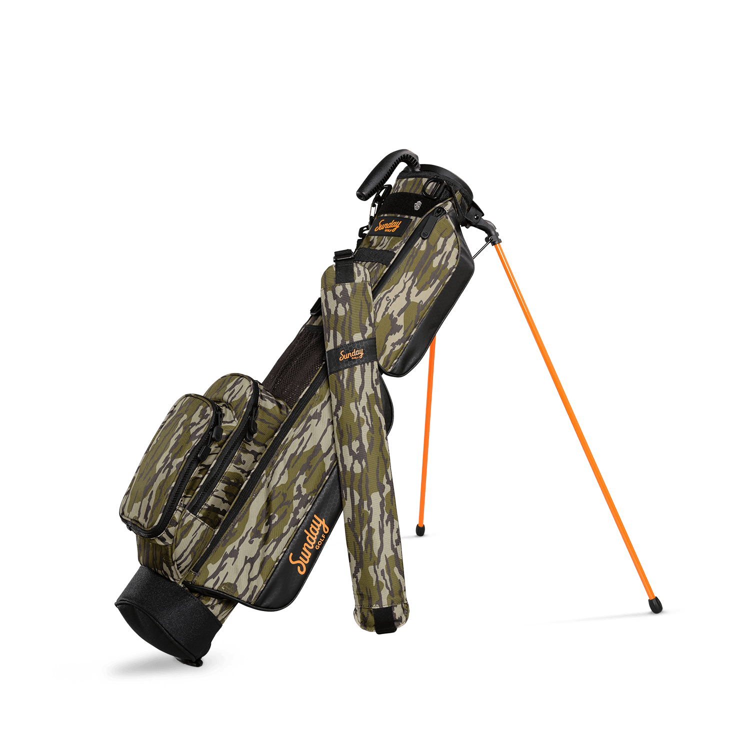 A full front shot of standing Loma golf bag in mossy oak bottomland with single strap