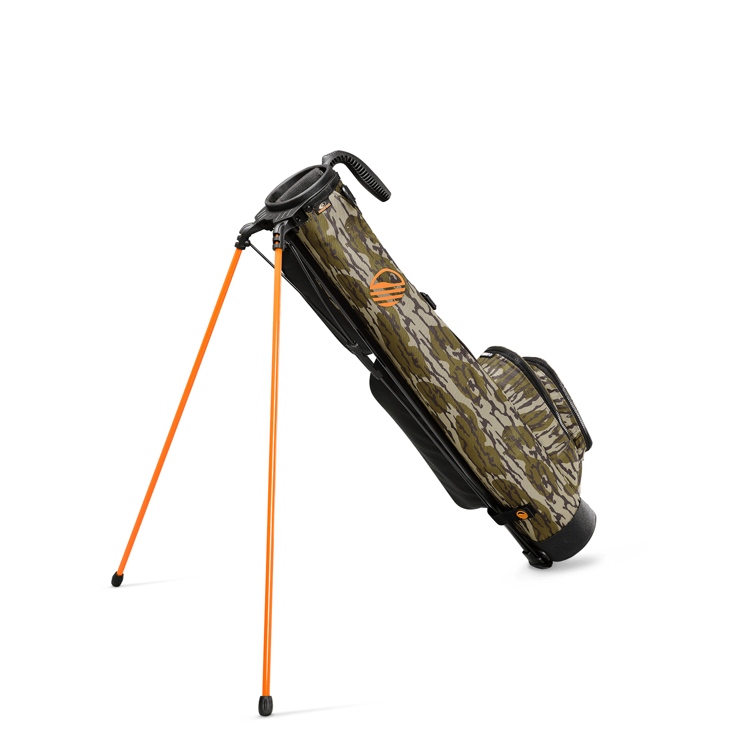 A full shot of standing Loma golf bag in mossy oak bottomland facing backward