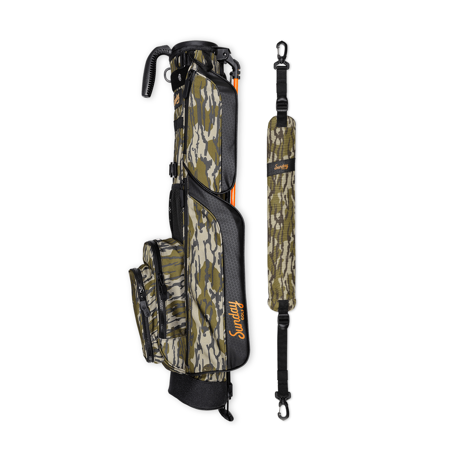 A full shot of Loma golf bag in mossy oak bottomland laying flat sideways beside its single strap