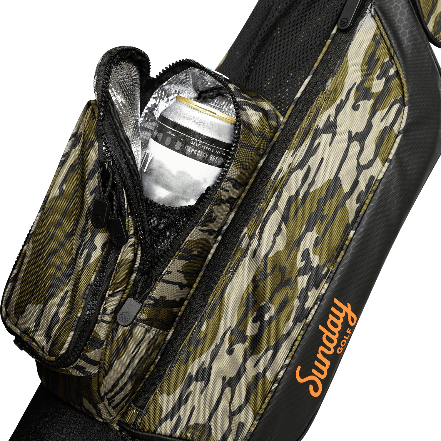 A close up shot of mossy oak bottomland Loma golf bag's insulated pocket with a canned drink inside