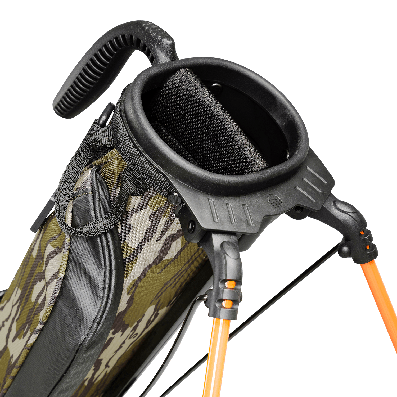 A close up top view of a mossy oak bottomland Loma golf bag’s 2-way divider