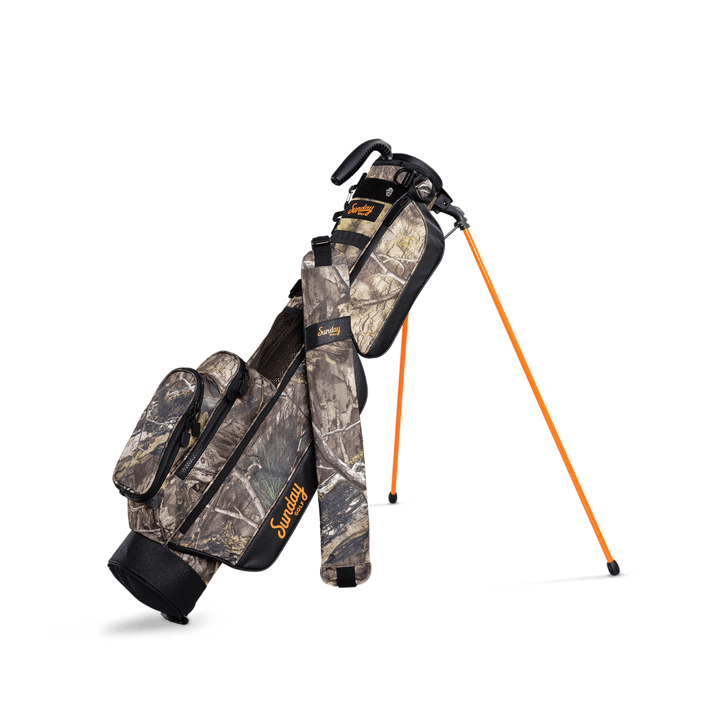 A full front shot of standing Loma golf bag in mossy oak country dna with single strap