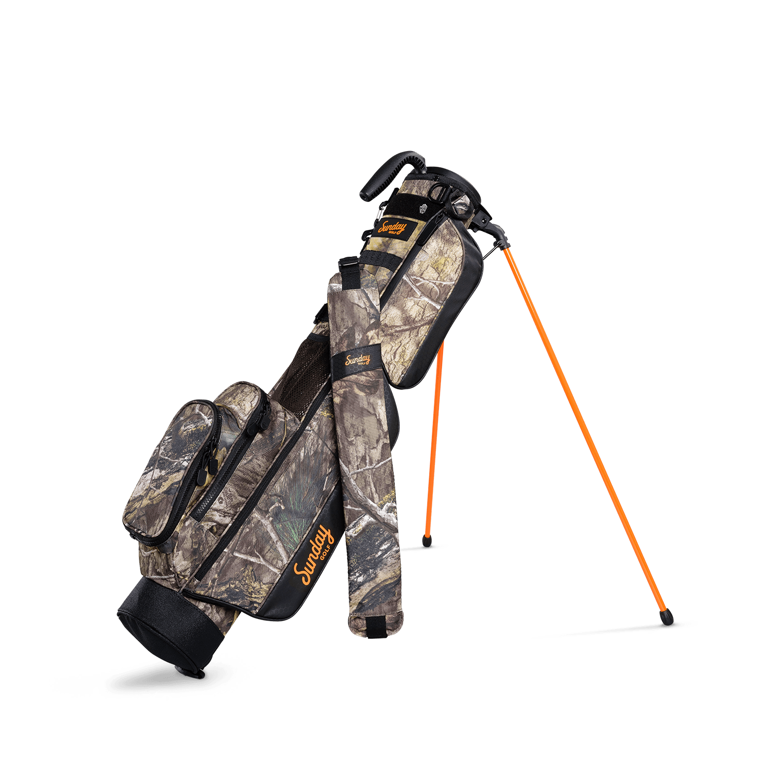 A full front shot of standing Loma golf bag in mossy oak country dna with single strap