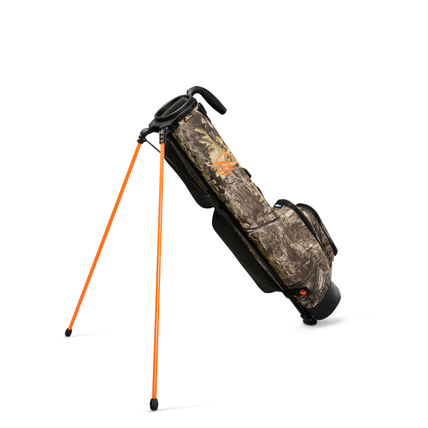 A full shot of standing Loma golf bag in mossy oak country dna facing backward