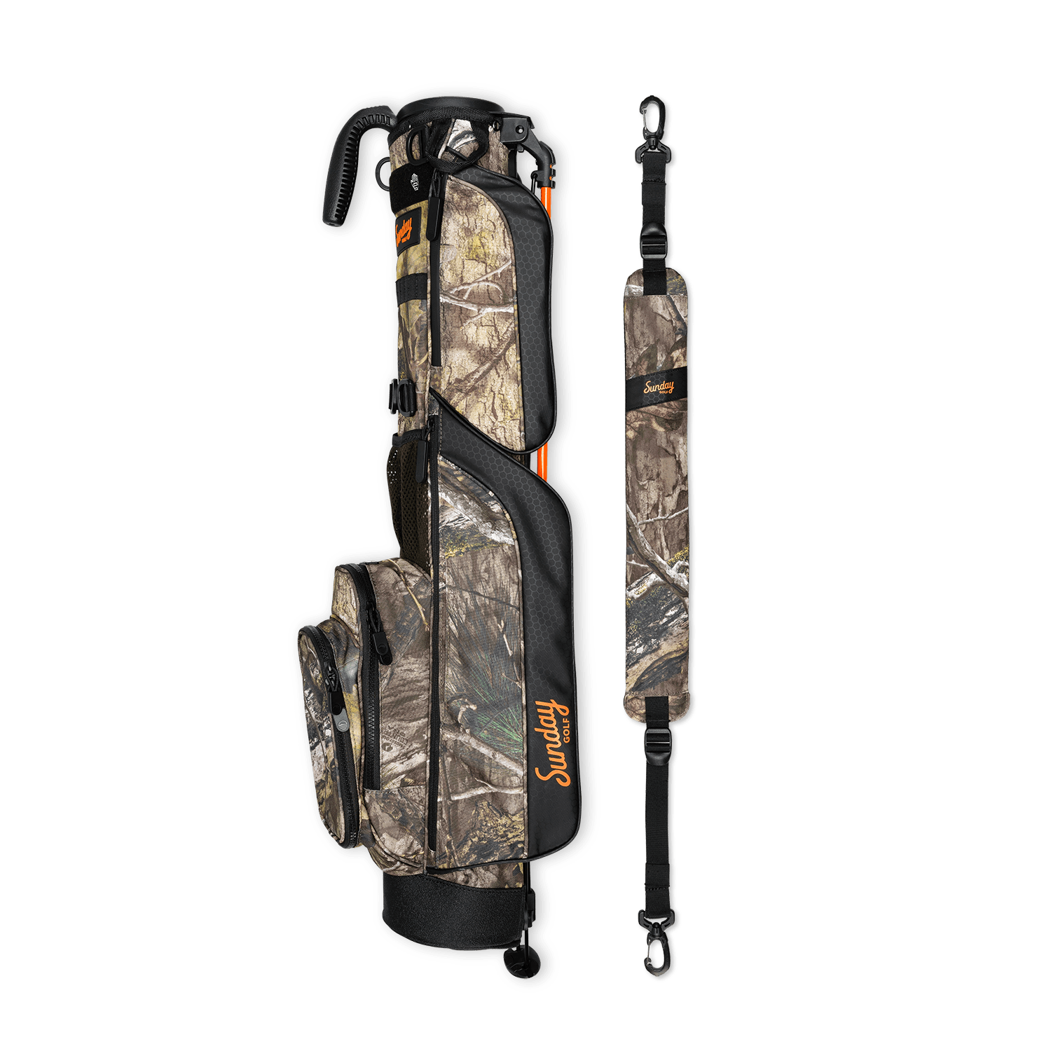 A full shot of Loma golf bag in mossy oak country dna laying flat sideways beside its single strap