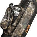 A close up shot of mossy oak country dna Loma golf bag's insulated pocket with a canned drink inside