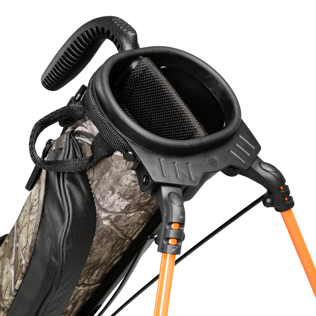 A close up top view of a mossy oak country dna Loma golf bag’s 2-way divider